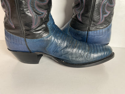 Vintage Justin Tall Blue Lizard Cowgirl Boots 6.5 B USA Made Recraft