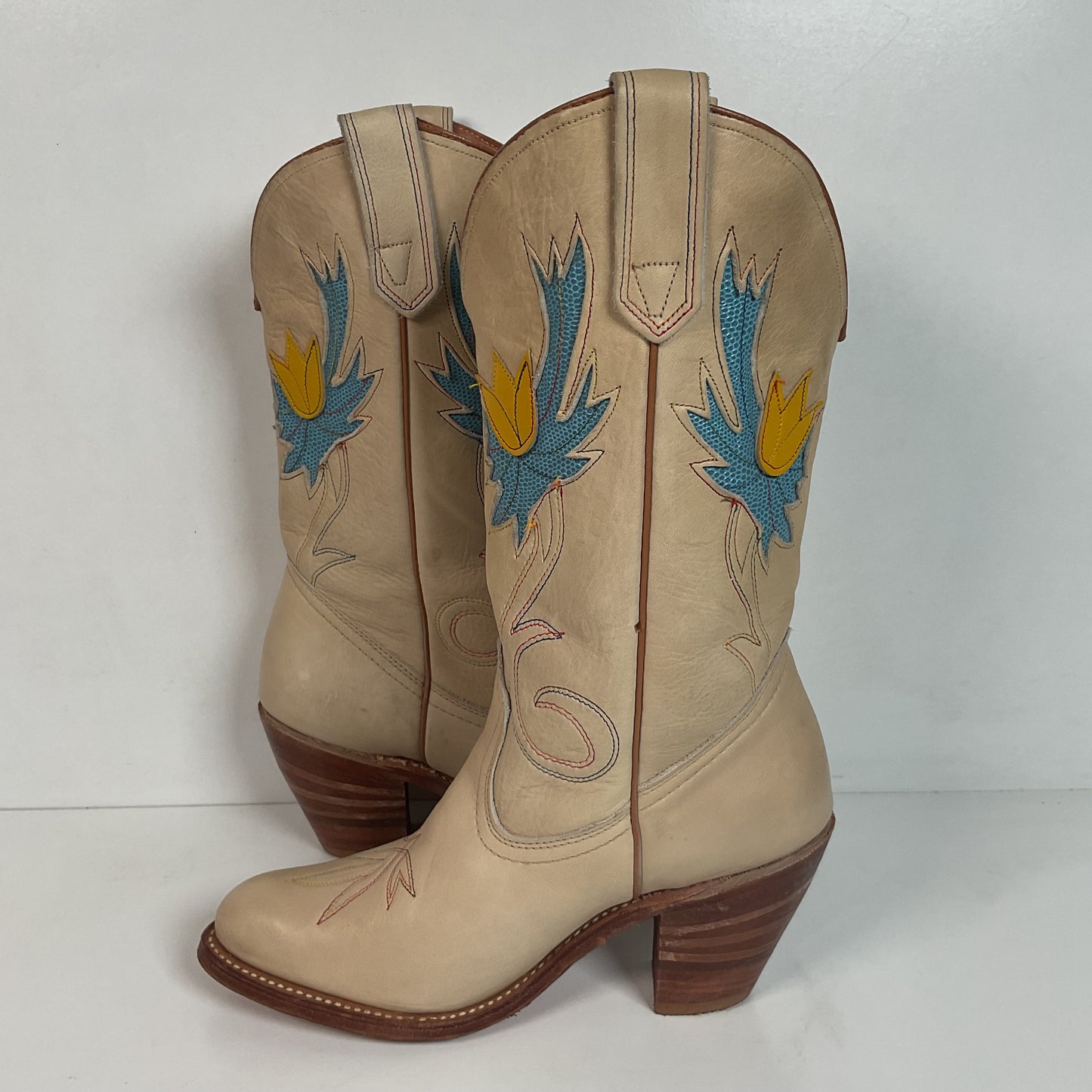 Vintage Miss Capezio Tulip Cowgirl Boots 7.5 M USA Made Rainbow Stitched