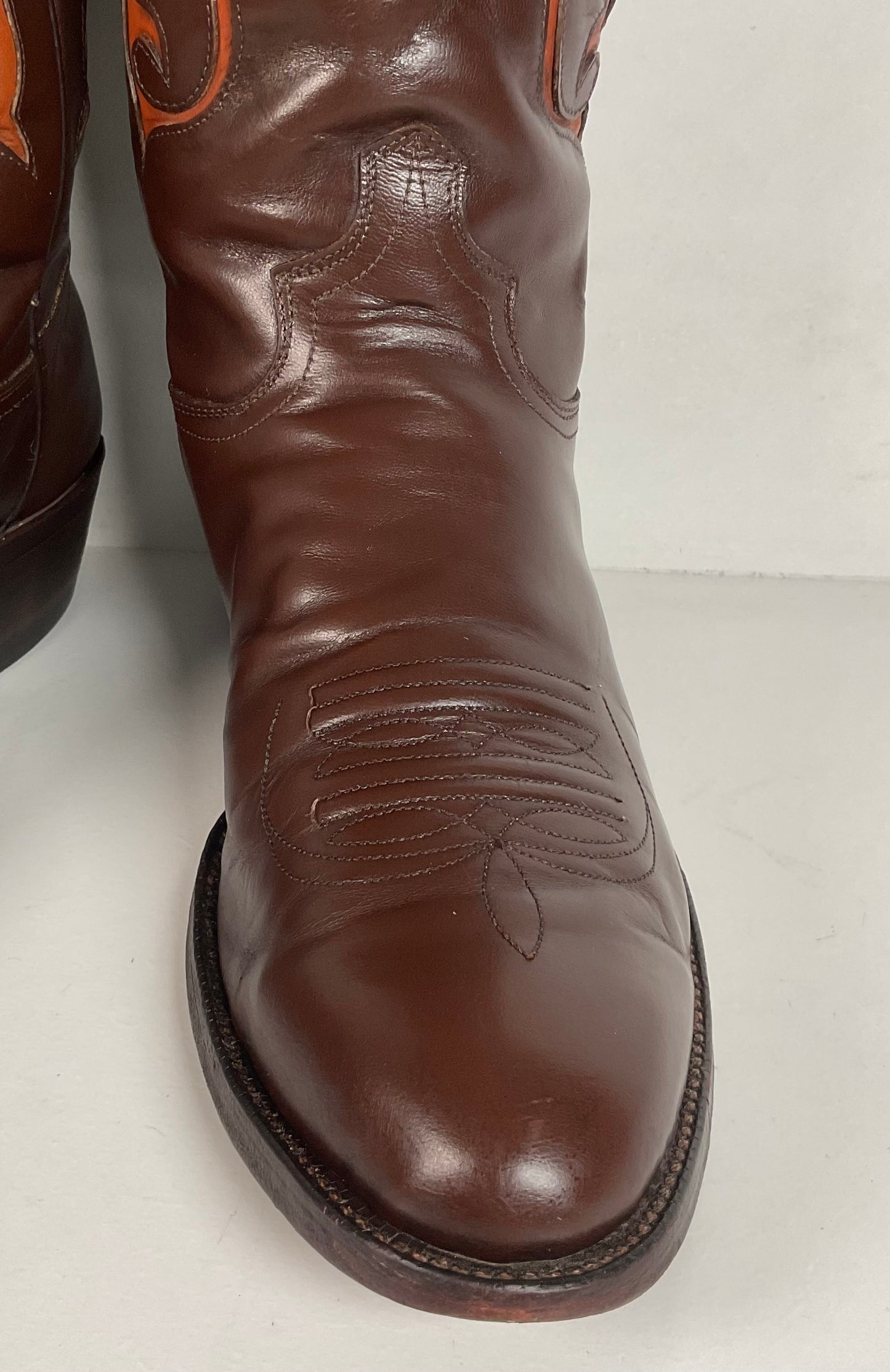Vintage Justin Cowboy Boots | Brown Calf | Tooled Inlays | USA Made | Men’s 10 D