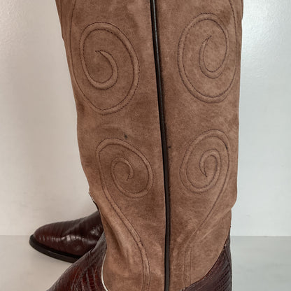 Vintage Larry Mahan Teju Lizard Cowgirl Boots | Pig Skin Suede Shaft | 6.5 B