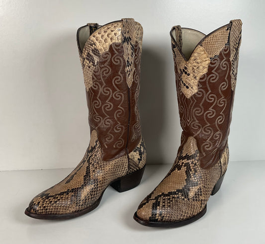 Vintage Longhorn Cowboy Boots | Python Snakeskin | Tooled Overlays | Men’s 9 D