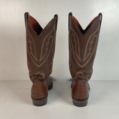 Vintage J Chisholm Exotic Full Quill Ostrich Cowboy Boots 8 D Brown USA Made