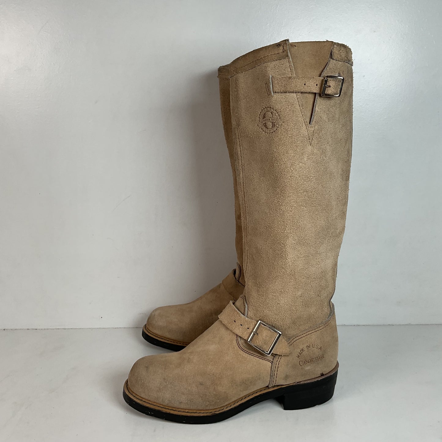 Vintage Georgia Tall Suede Harness Boots 9 M USA Made Soft Toe