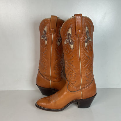 Vintage 1970s Acme Tooled Flower Inlay Cowgirl Boots 6.5 M USA Made