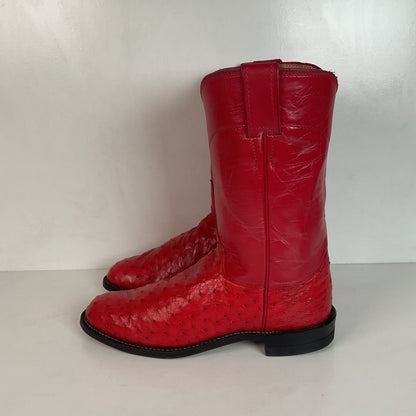 Justin Women’s Ostrich Quill Roper Boots 7 B USA Made Exotic Ruby Red