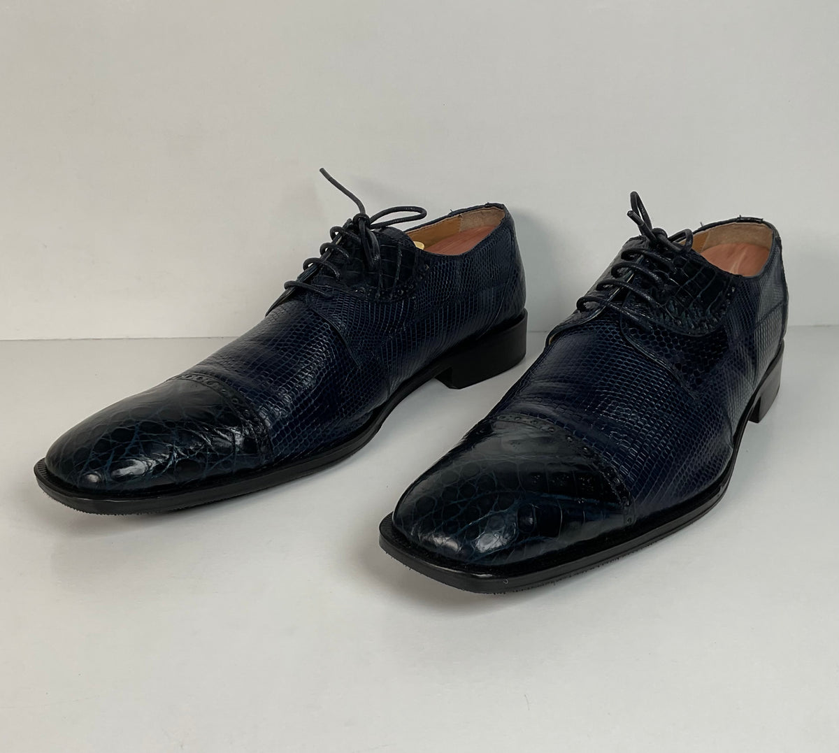 David Eden Exotic Derby Shoes | Navy Blue Crocodile & Teju Lizard | Men’s 13