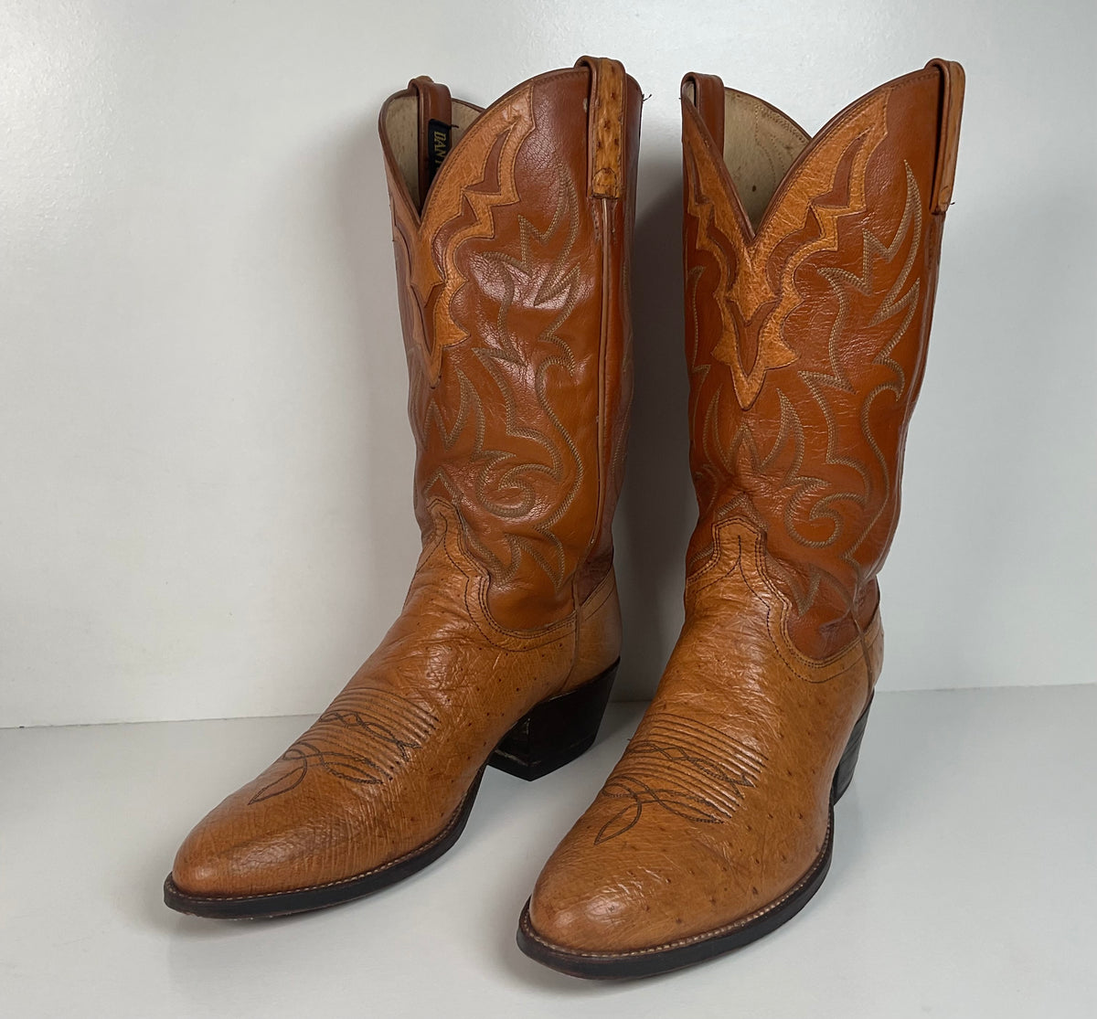 Vintage Dan Post Smooth Ostrich Cowboy Boots | Exotic | Tooled Overlay | 10.5 D