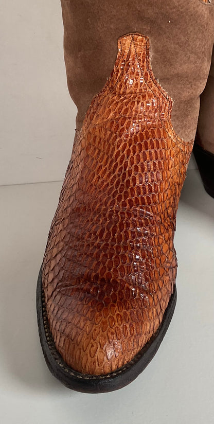 Vintage Larry Mahan Tall Cowgirl Boots 7 B Tooled Snakeskin Inlay