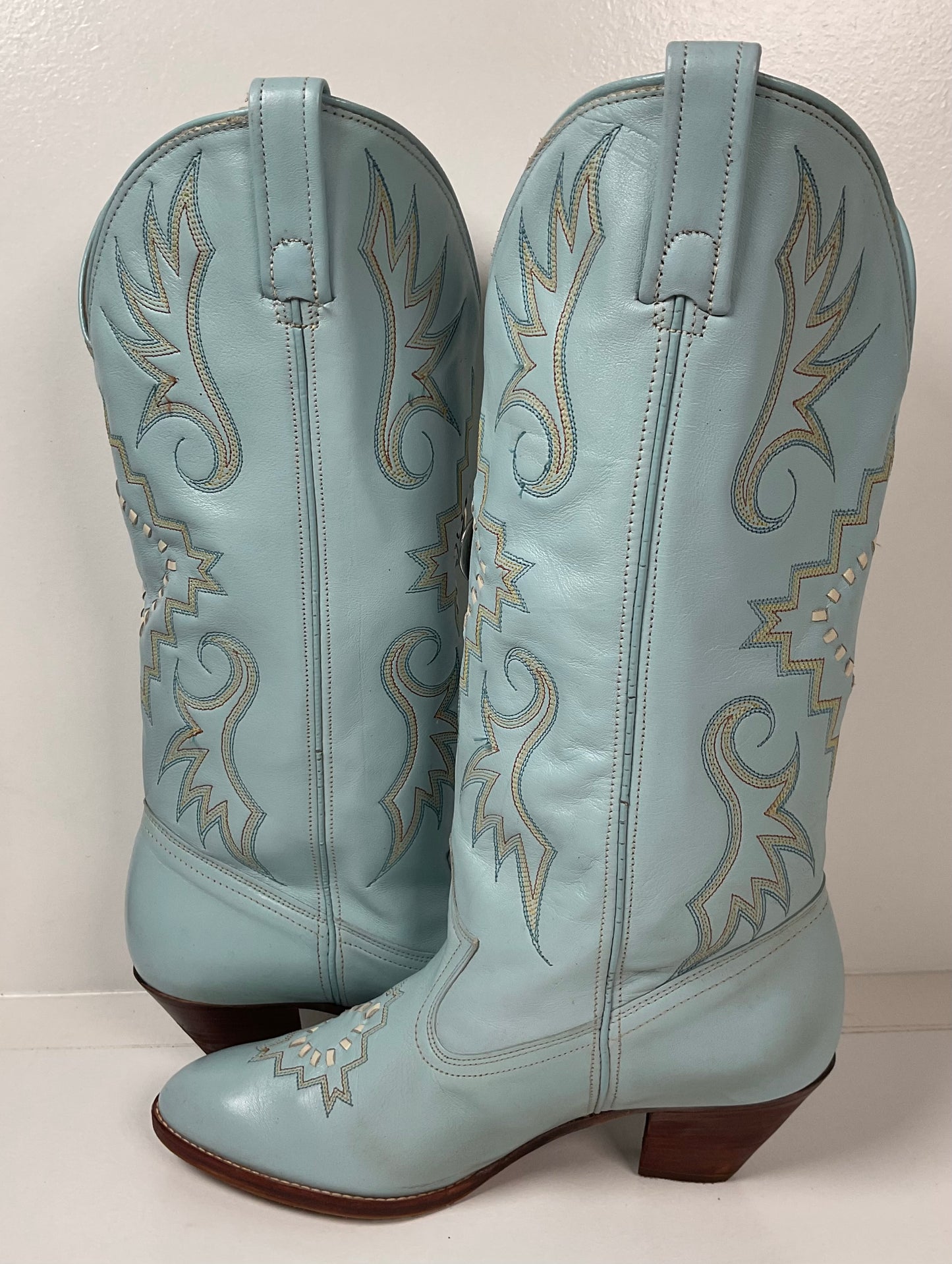 Vintage Dan Post Baby Blue Cowgirl Boots 8 M Native Design Recraft