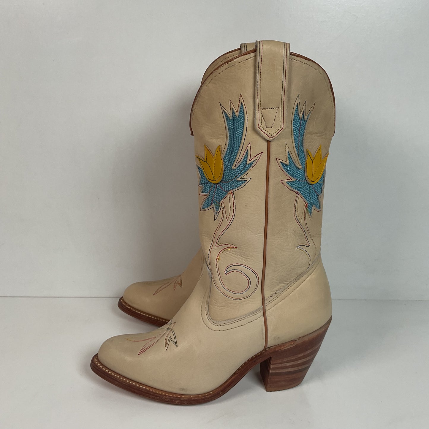 Vintage Miss Capezio Tulip Cowgirl Boots 7.5 M USA Made Rainbow Stitched