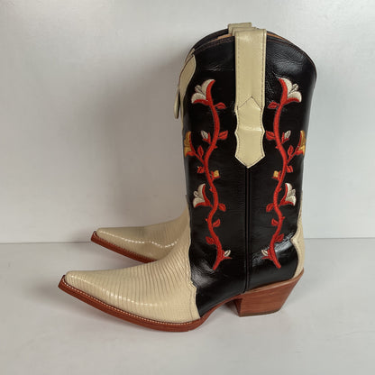 Los Altos Tulip Flower Cowgirl Boots 8 M Crème Lizard Vamp