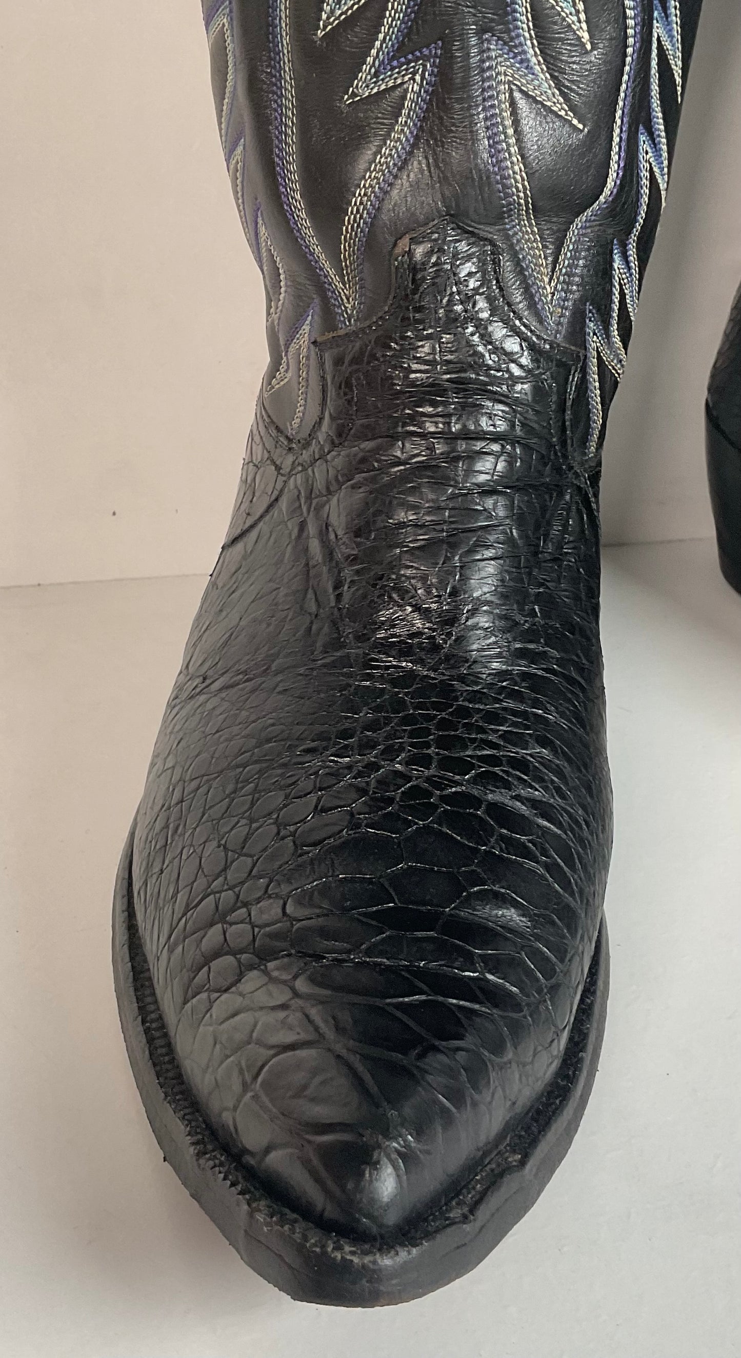 Vintage 1960s Justin Black Sea Turtle Cowboy Boots 10 D USA Made Fort Worth Label Pre-Ban