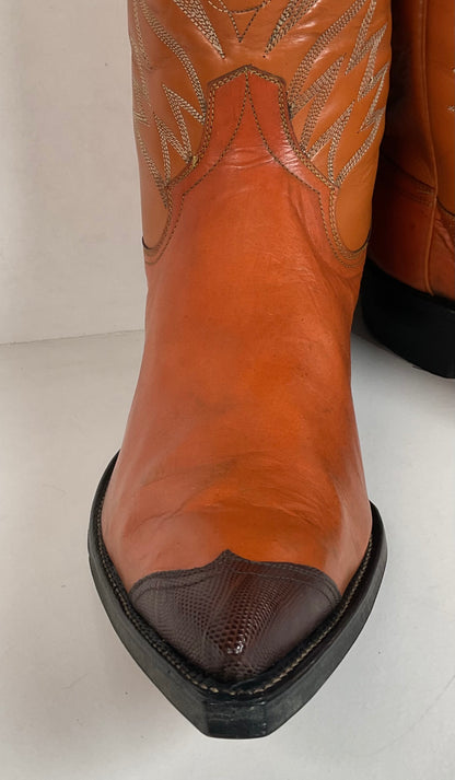 1960s Cowtown Handmade Cowboy Boots 13.5 D Pumpkin Orange Lizard Wingtip