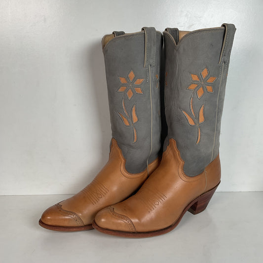 Vintage Justin Women’s Flower Cowgirl Boots 8 B Tooled Inlay USA Made