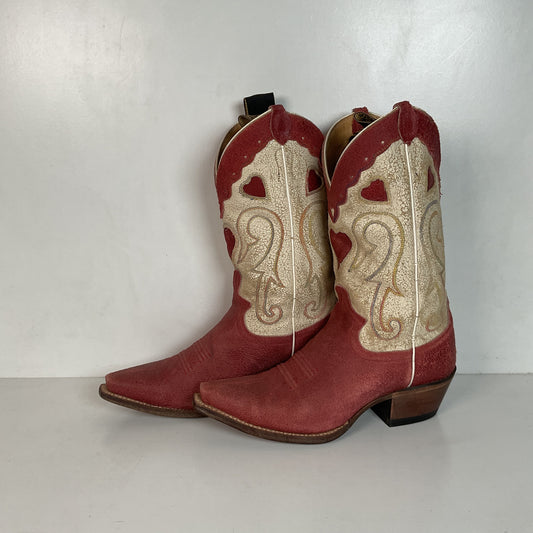 Justin Vintage Collection Cowgirl Boots 7 B Tooled Heart Inlay Crystal Suede