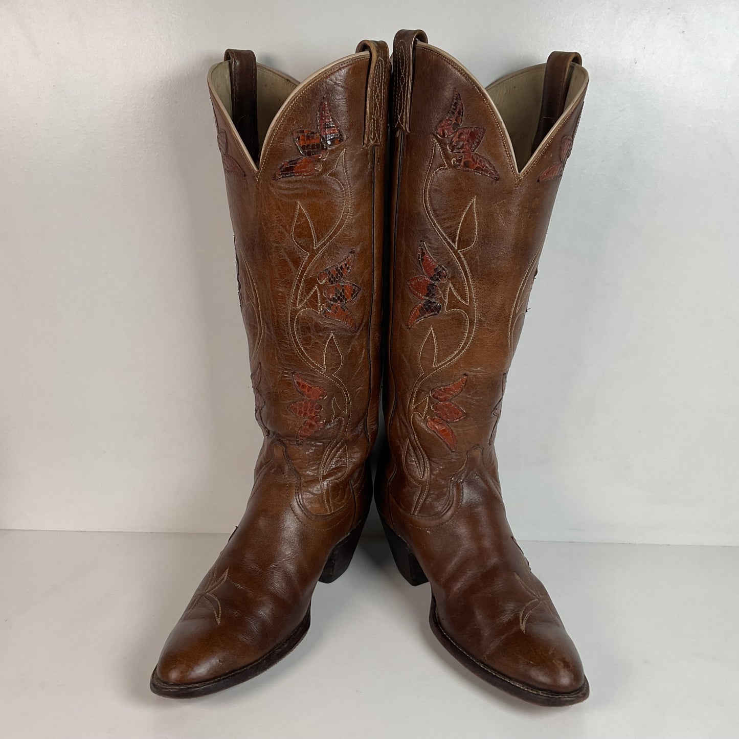 Vintage Dan Post Tall Tulip Cowgirl Boots 7.5 C Tooled Snakeskin Overlay