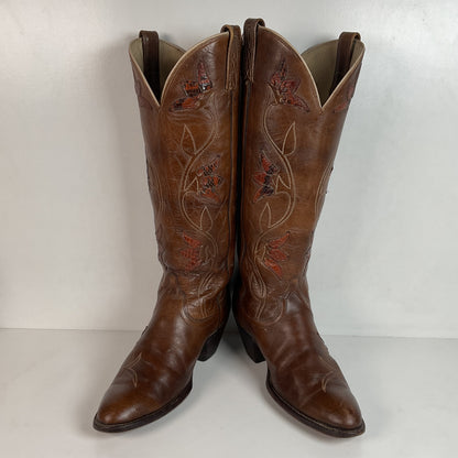 Vintage Dan Post Tall Tulip Cowgirl Boots 7.5 C Tooled Snakeskin Overlay