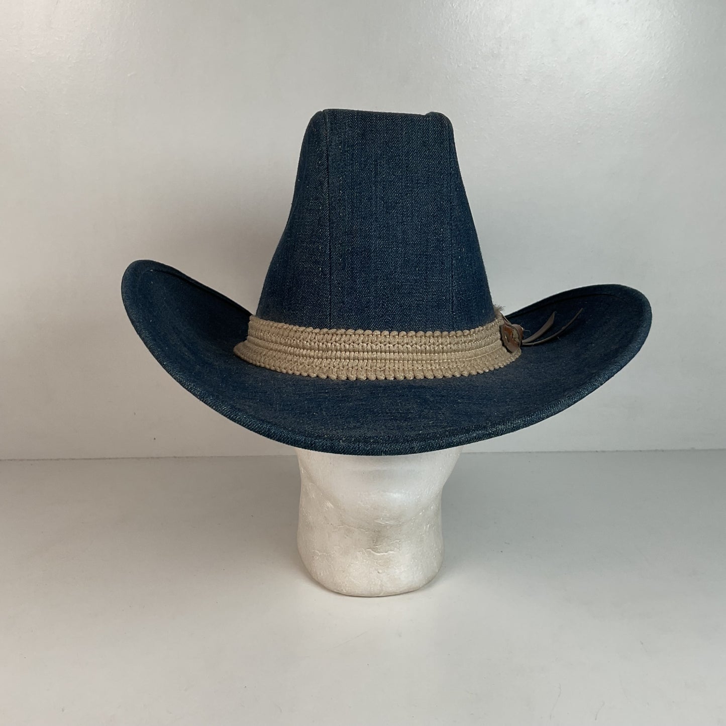 Vintage Blue Denim Cowboy Hat Large USA Union Made Brass Horse Accent