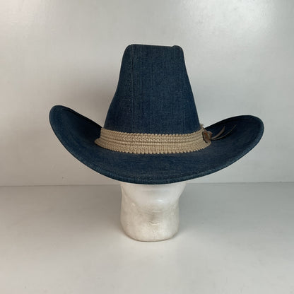 Vintage Blue Denim Cowboy Hat Large USA Union Made Brass Horse Accent