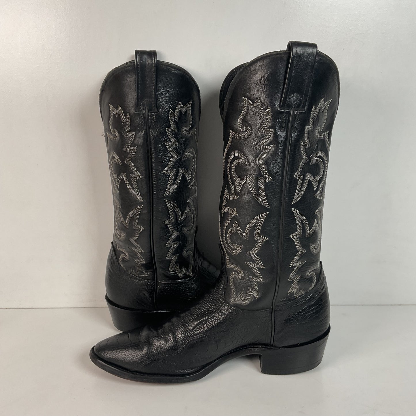 Vintage J Chisholm Exotic Ostrich Leg Cowboy Boots 9 D Classic Black USA Made