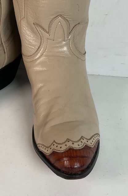 Vintage Tony Lama Lizard Wingtip Cowgirl Boots 5.5 A Creme Leather