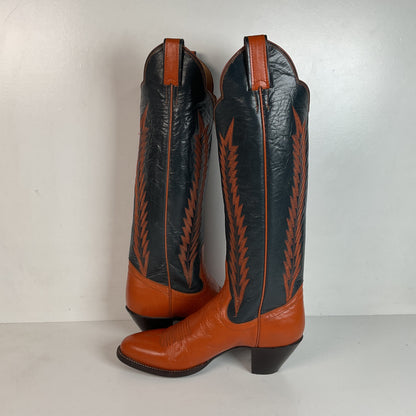 Vintage Panhandle Slim Tall Cowgirl Boots 6.5 C Pumpkin Orange Scallop Top