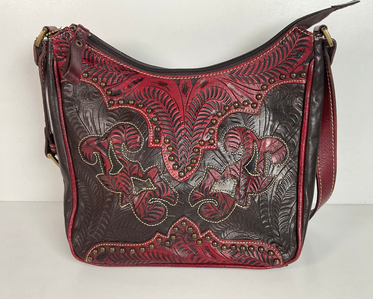 Tooled American West Purse Burgundy W/Bag Charm