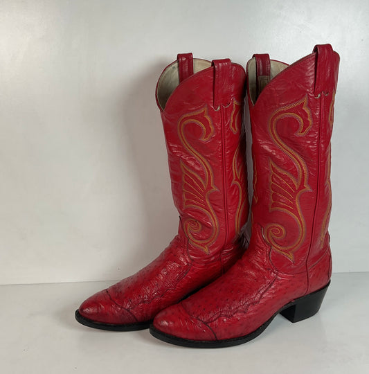 Vintage Larry Mahan Cherry Red Pin Quill Ostrich Cowboy Boots 10.5 D Recraft
