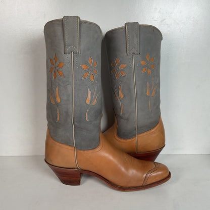 Vintage Justin Women’s Flower Cowgirl Boots 8 B Tooled Inlay USA Made
