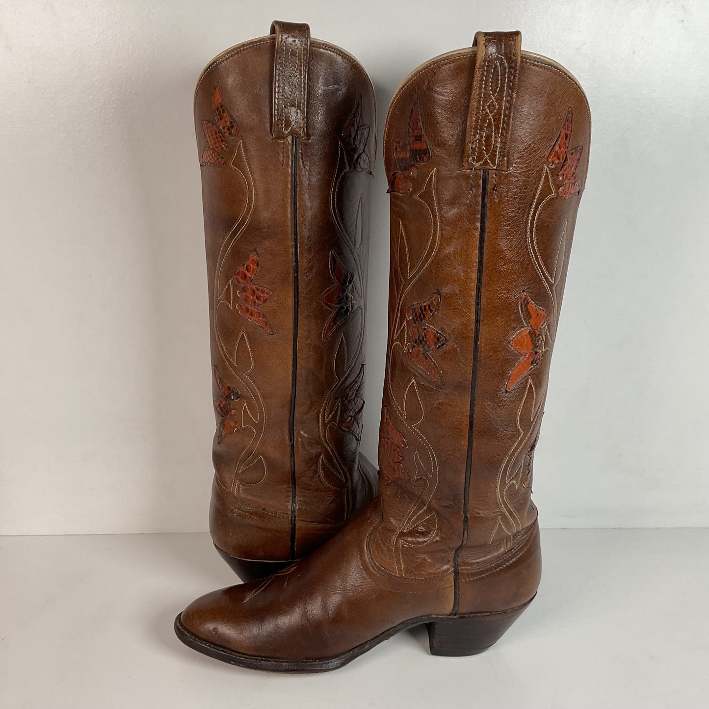 Vintage Dan Post Tall Tulip Cowgirl Boots 7.5 C Tooled Snakeskin Overlay