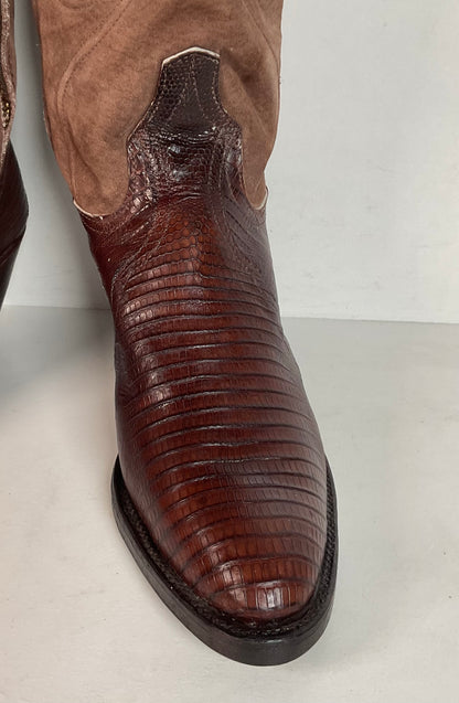 Vintage Larry Mahan Teju Lizard Cowgirl Boots | Pig Skin Suede Shaft | 6.5 B