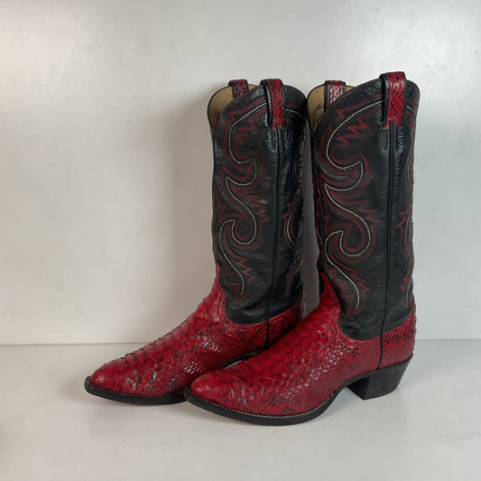 Vintage Larry Mahan Cherry Red Python Snakeskin Cowboy Boots 9.5 D Back Cut