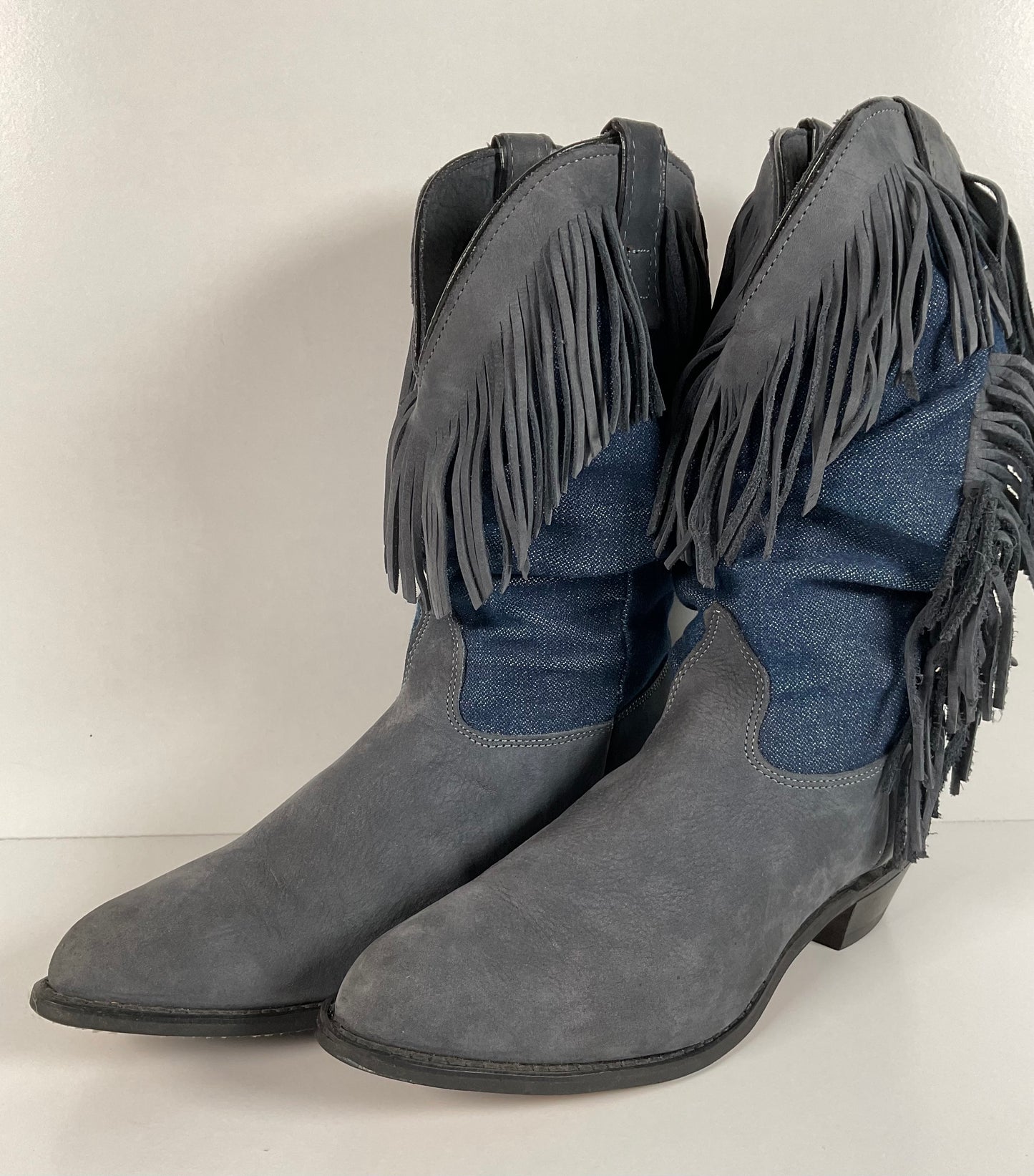 Vintage Wrangler Denim Fringe Cowgirl Boots 8.5 M USA Made Shorty