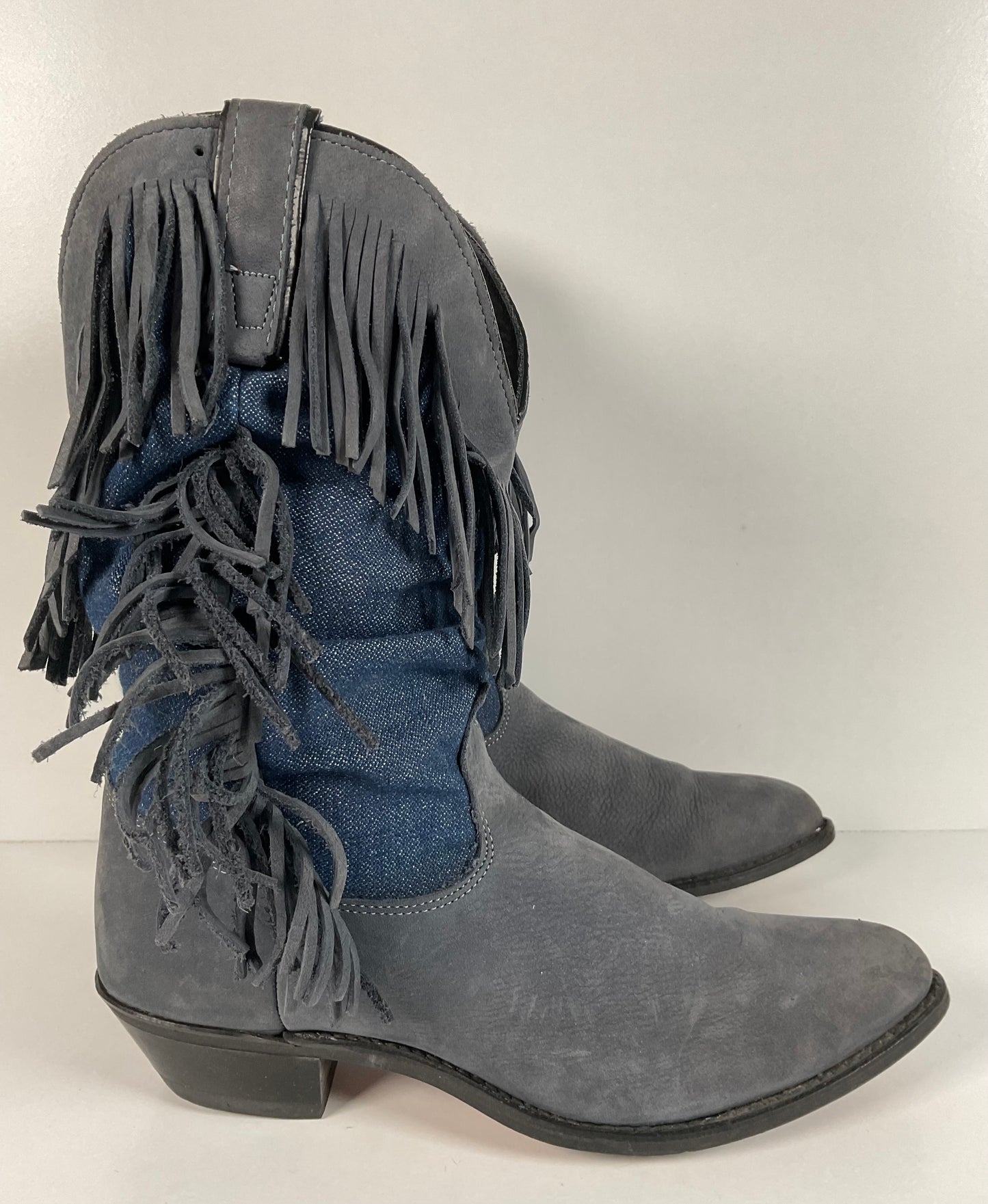 Vintage Wrangler Denim Fringe Cowgirl Boots 8.5 M USA Made Shorty