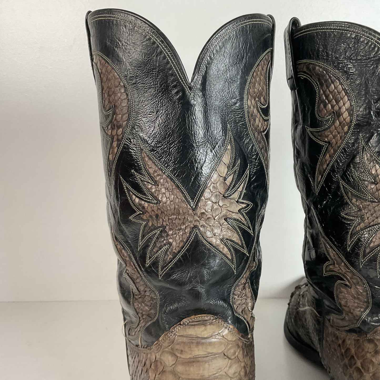 Vintage Olathe Python Snakeskin Cowboy Boots | Distressed | Tooled Inlay | 13 EE