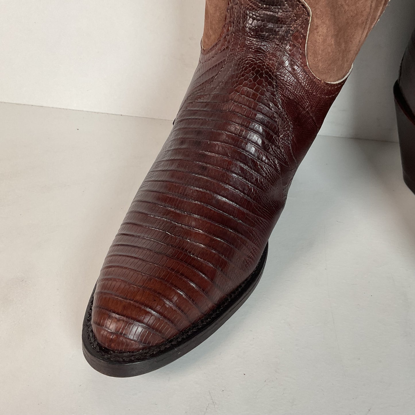 Vintage Larry Mahan Teju Lizard Cowgirl Boots | Pig Skin Suede Shaft | 6.5 B