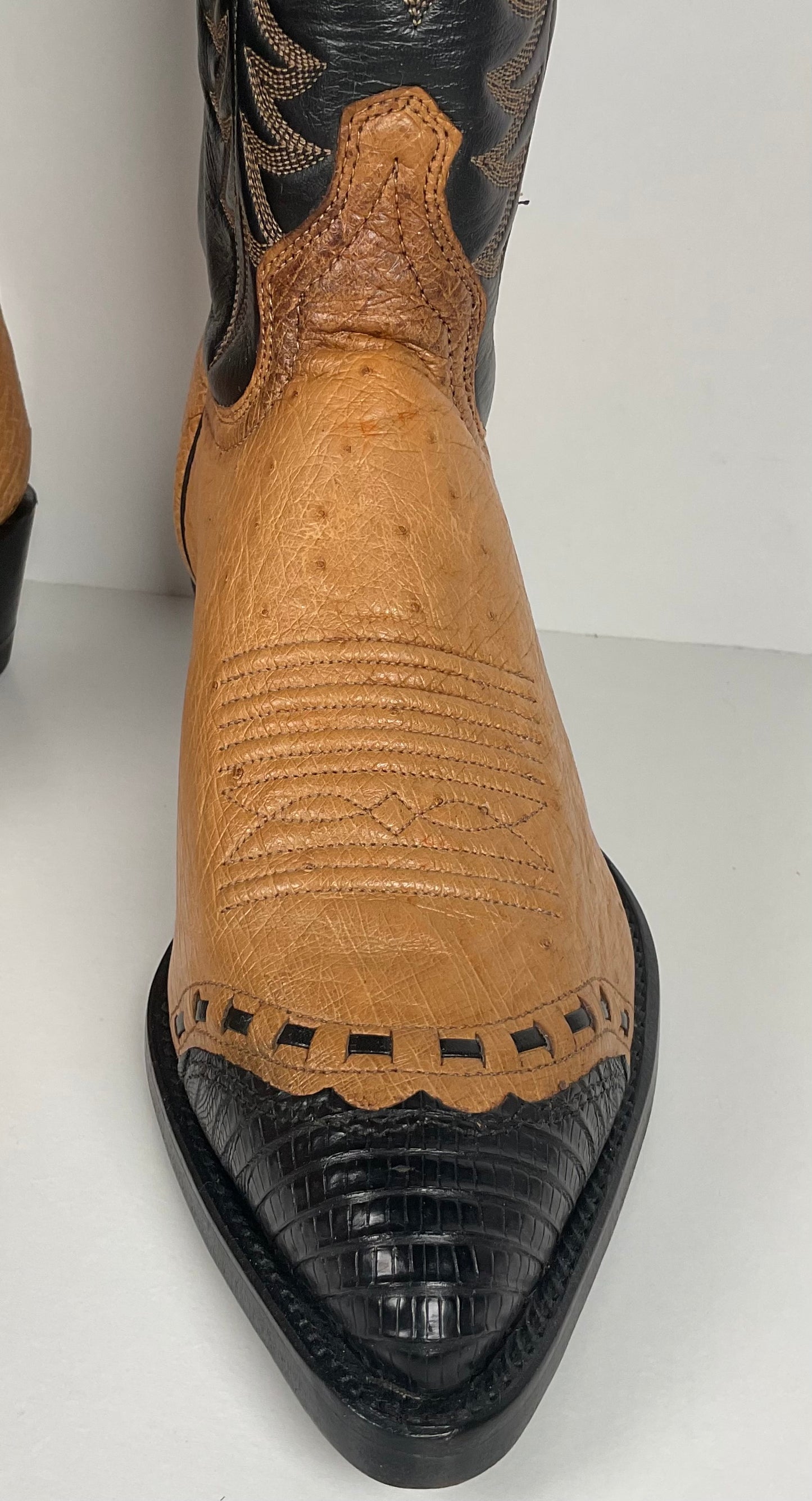 Vintage J. Chisholm Smooth Ostrich Cowboy Boots | Teju Lizard Wingtip | 8.5 EE