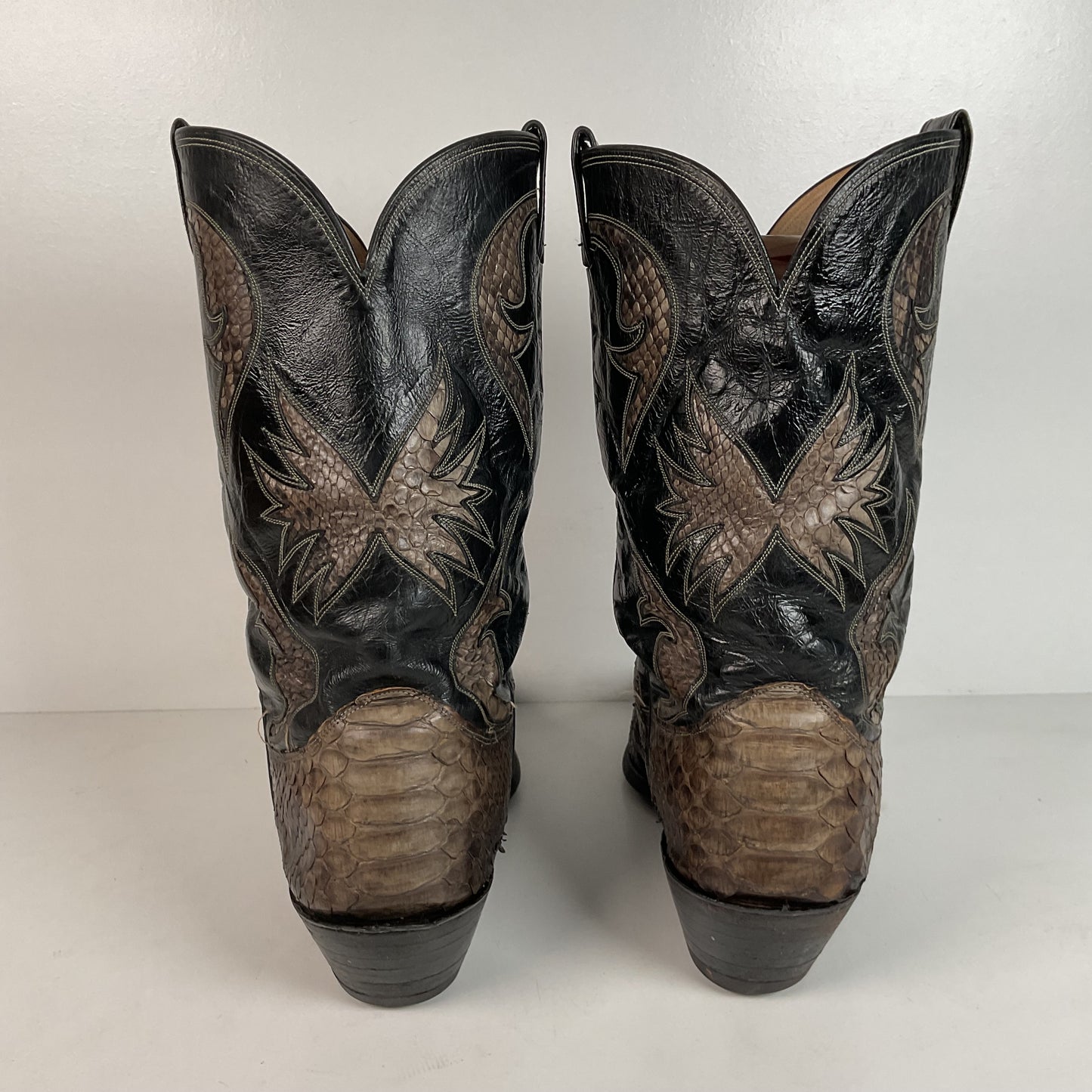 Vintage Olathe Python Snakeskin Cowboy Boots | Distressed | Tooled Inlay | 13 EE