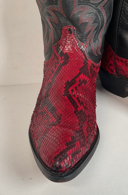 Vintage Red Python Snakeskin Cowboy Boots 11 D USA Made Front Cut