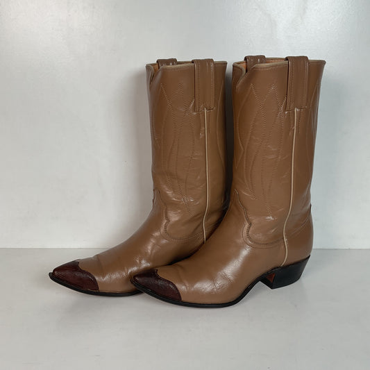 Vintage 1960s Justin Lizard Wingtip Cowgirl Boots 7 B White Label USA Made