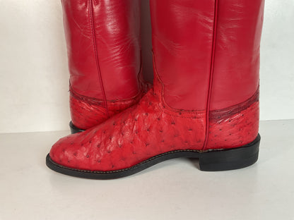 Justin Women’s Ostrich Quill Roper Boots 7 B USA Made Exotic Ruby Red