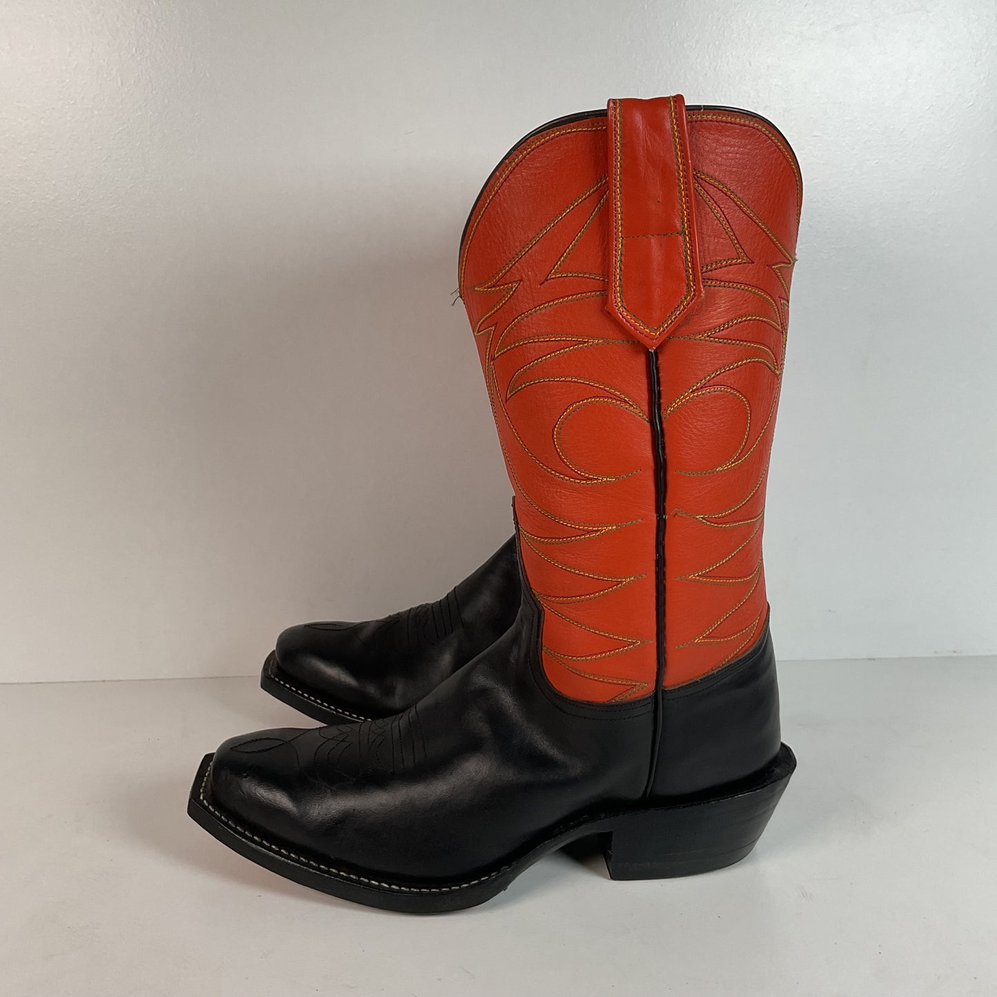 Custom Square Toe Cowboy Boots | Orange Shaft | Black Calf Vamp | Men’s 11 Wide