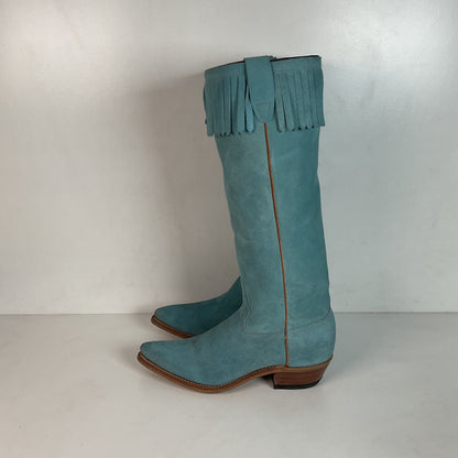 Vintage Wrangler 16.5” Rough Out Suede Cowgirl Boots 6.5 M Fringe Powder Blue