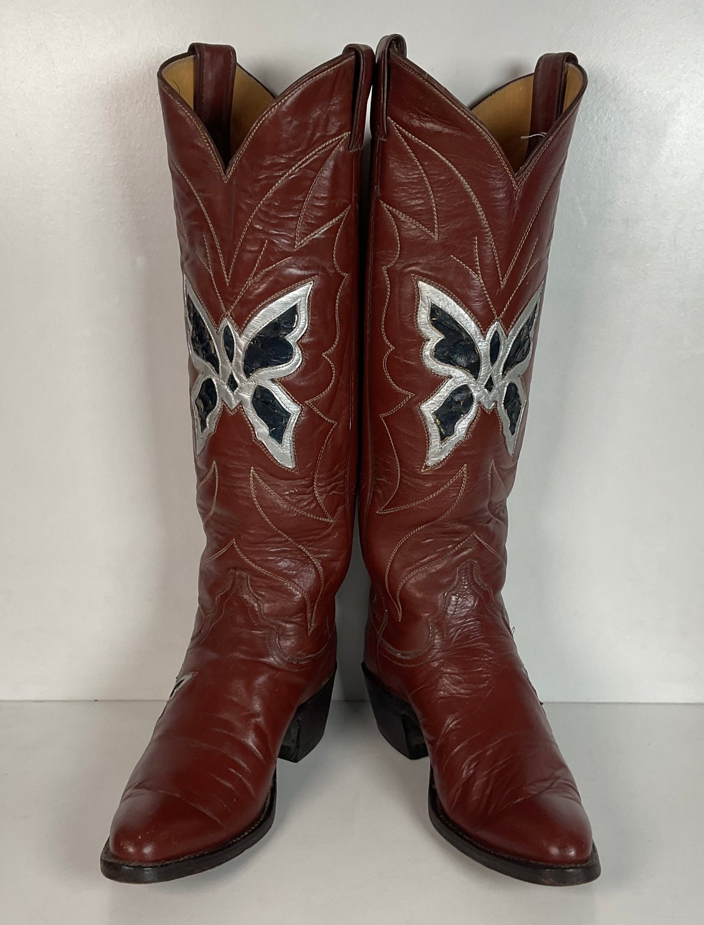 Vintage Justin 18” Butterfly Cowgirl Boots 5.5 C Snakeskin Inlay 70s