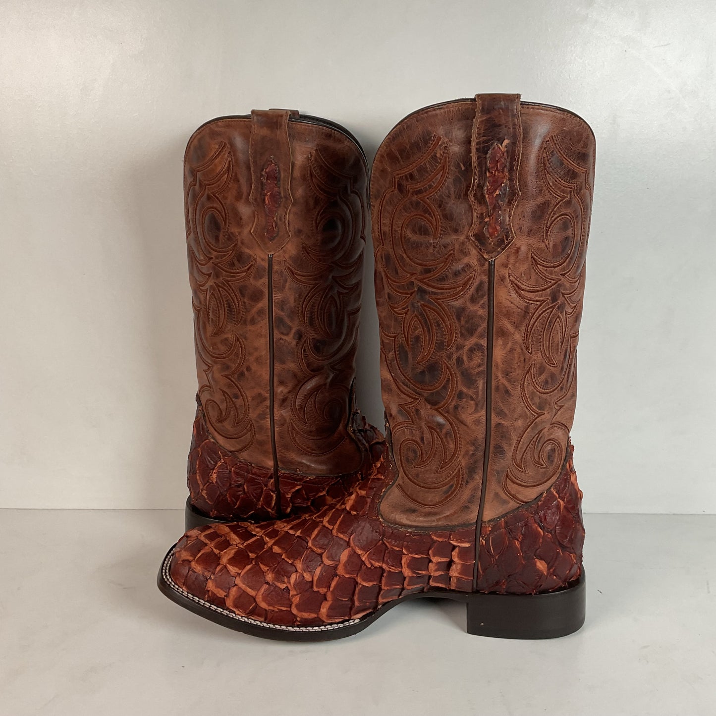 J. B. Dillon Exotic Pirarucu Cowboy Boots 11 EE Big Bass Square Toe