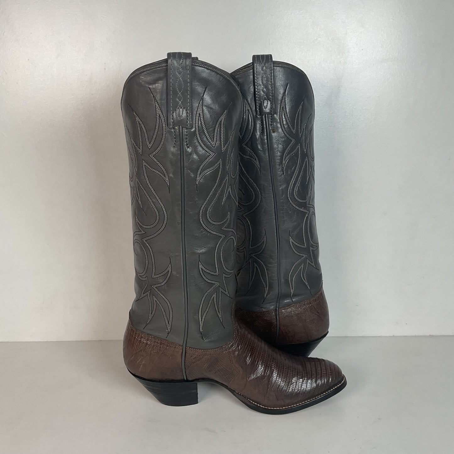 Vintage J Chisholm Grey Tall Cowgirl Boots 8 M Lizard Vamp USA Made